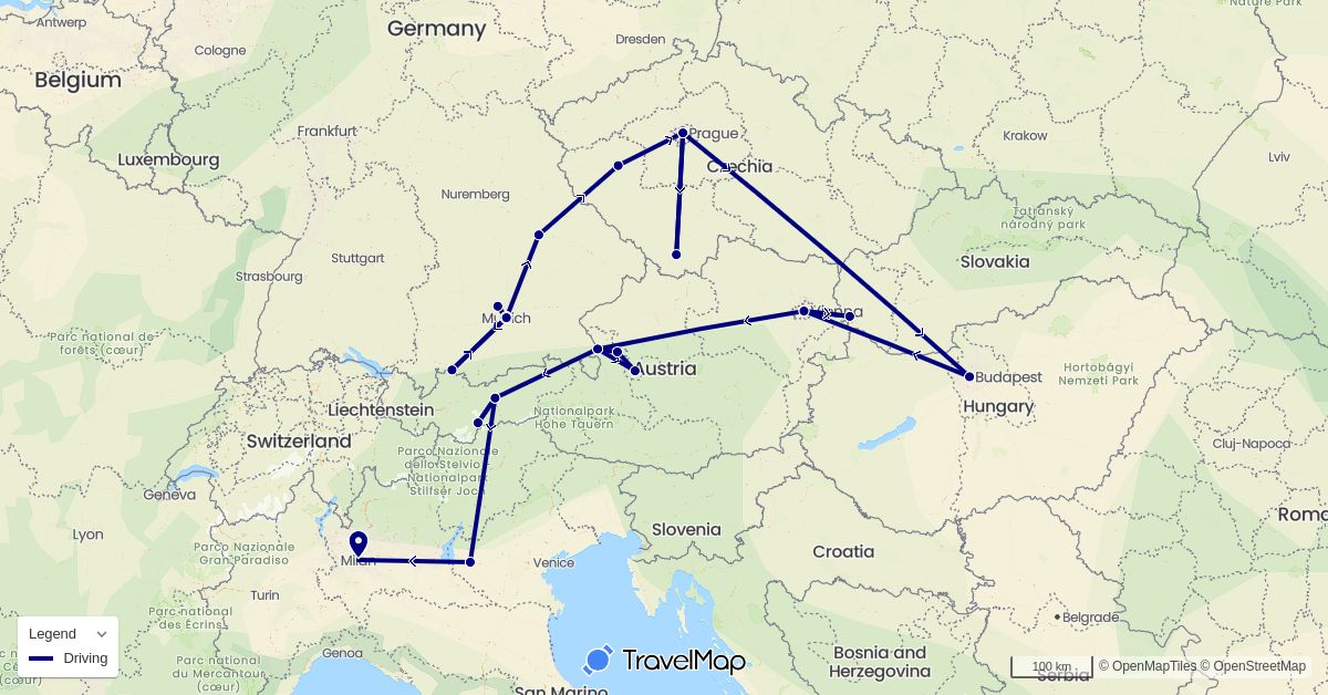 TravelMap itinerary: driving in Austria, Czech Republic, Germany, Italy, Slovakia (Europe)